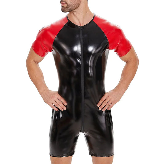 Shiny PVC Lacquer Leather Jumpsuit – Black & Red | S–7XL