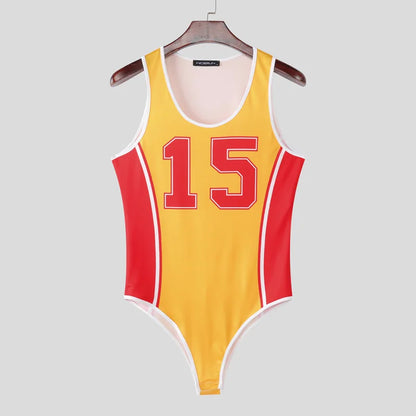 Printed Sleeveless Bodysuit – Green, Yellow & Red | S–3XL | Polyester & Spandex