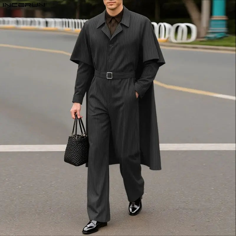 INCERUN Men's Striped Shirt Cloak & Pants Set – Elegant Lapel Long Sleeve Co-ord Suit