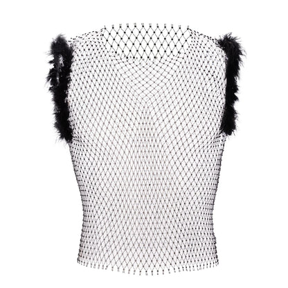 Rhinestone Fishnet Crop Top – Black & White | 3 Lengths | 100% Nylon