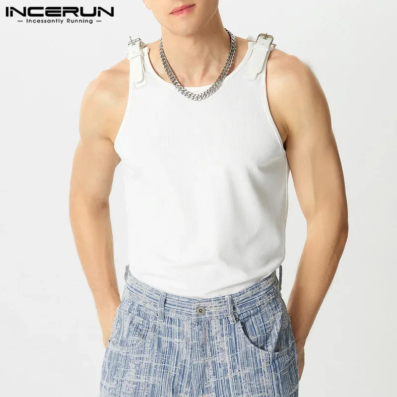 Incerun Buckle Strap Tank Top | Black & White | S–5XL