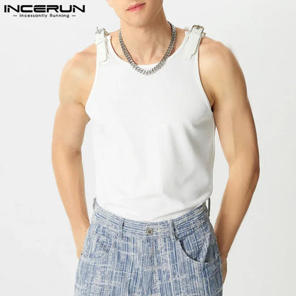 Incerun Buckle Strap Tank Top | Black & White | S–5XL