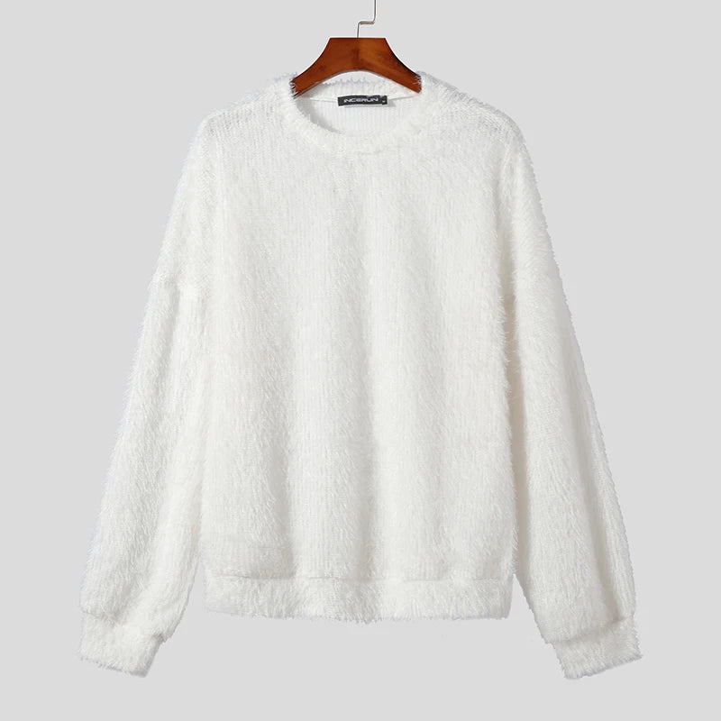 INCERUN Men's Plush Solid Colour Pullover – O-Neck Long Sleeve Casual Streetwear Sweater | S–5XL