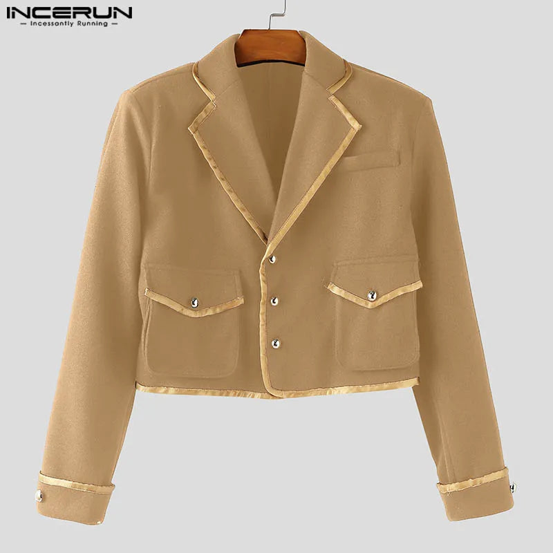 INCERUN Men's Patchwork Lapel Crop Jacket – Long Sleeve Button Streetwear Coat | S–XXXL
