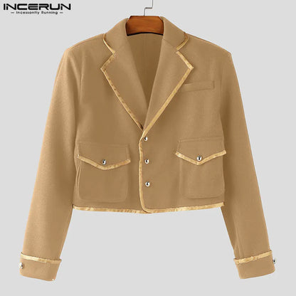 INCERUN Men's Patchwork Lapel Crop Jacket – Long Sleeve Button Streetwear Coat | S–XXXL