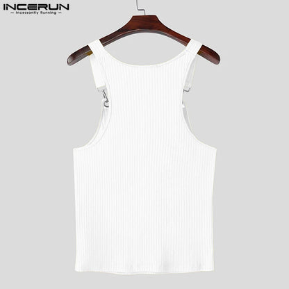 Incerun Ribbed Tank Top | Yellow, White & Black | S–3XL