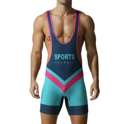 Wrestling Suit – Black, Blue & Cyan | M–2XL | Polyester & Lycra