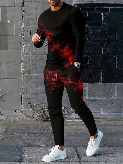 Men's 3D Blue Flame Print 2-Piece Sportswear Set – Long Sleeve Top & Sweatpants | M–5XL