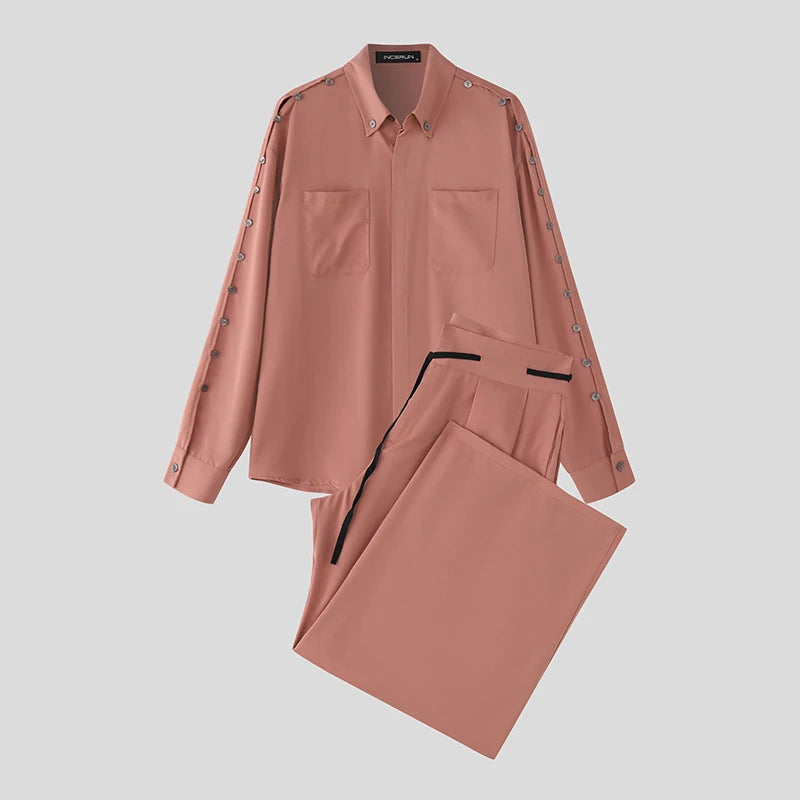 INCERUN Men's Loose Lapel Shirt & Pants Set – Long Sleeve Casual Co-ord | S–5XL