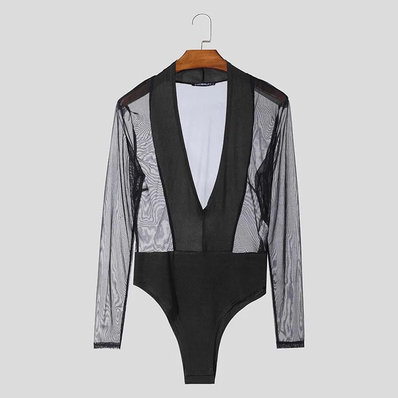Mesh Splicing V-Neck Jumpsuit – Black | S–3XL | Polyester & Spandex