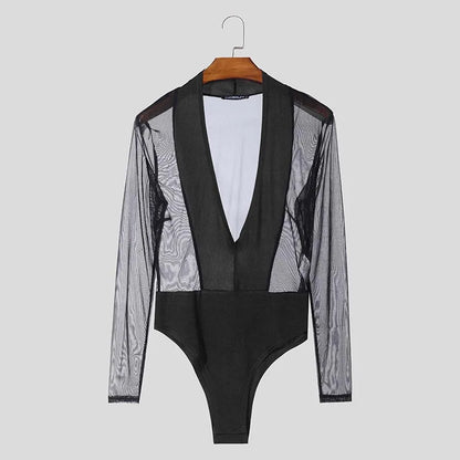Mesh Splicing V-Neck Jumpsuit – Black | S–3XL | Polyester & Spandex