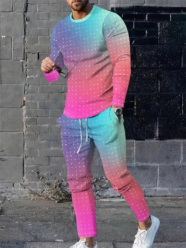 Men's 3D Blue Flame Print 2-Piece Sportswear Set – Long Sleeve Top & Sweatpants | M–5XL