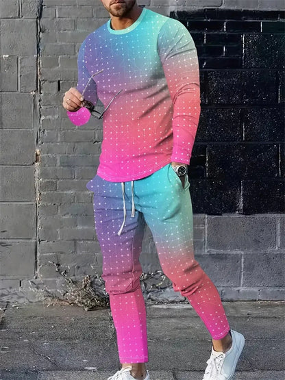 Men's 3D Blue Flame Print 2-Piece Sportswear Set – Long Sleeve Top & Sweatpants | M–5XL