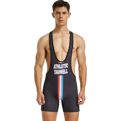 Wrestling Suit – Black & Stripe | M–2XL | Polyester & Lycra