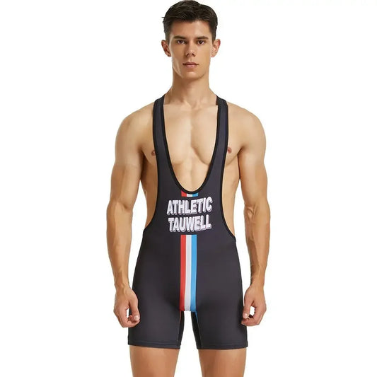 Wrestling Suit – Black & Stripe | M–2XL | Polyester & Lycra