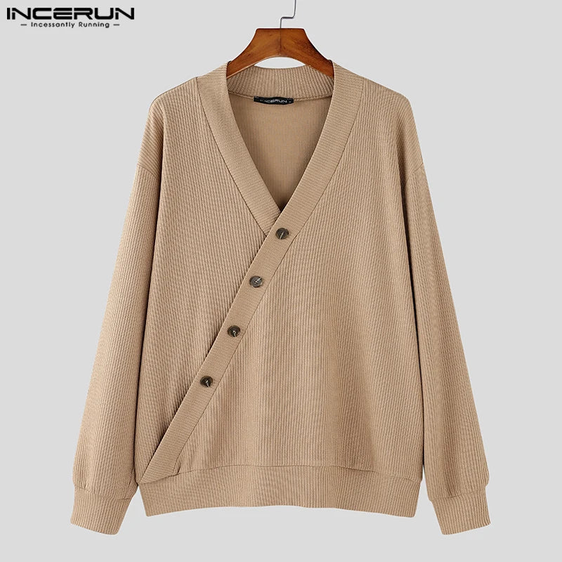 INCERUN Men's Textured Diagonal Knit Sweater – Solid V-Neck Long Sleeve Casual Pullover | S–5XL
