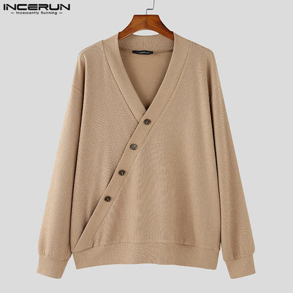 INCERUN Men's Textured Diagonal Knit Sweater – Solid V-Neck Long Sleeve Casual Pullover | S–5XL