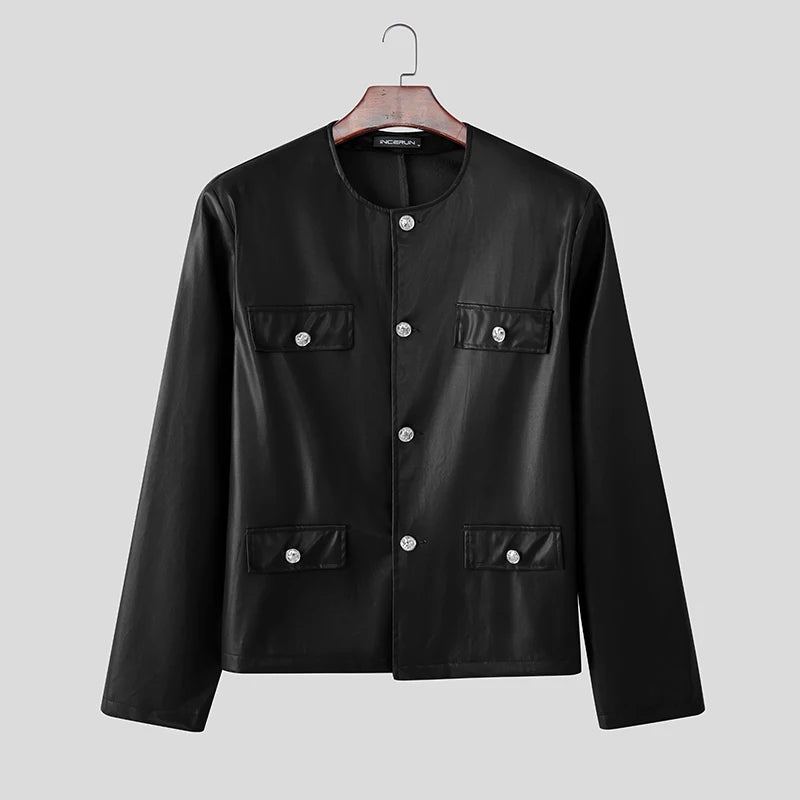 INCERUN Men's PU Leather Solid Colour Jacket – O-Neck Long Sleeve Button Streetwear Coat | S–5XL