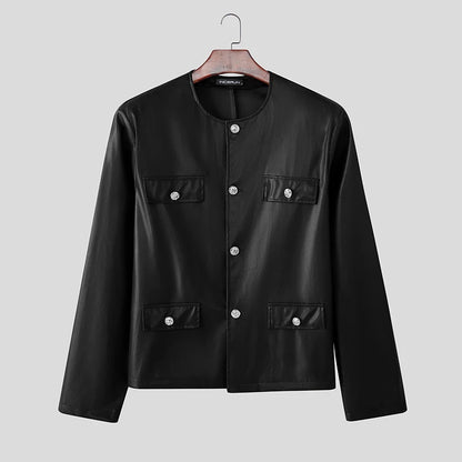 INCERUN Men's PU Leather Solid Colour Jacket – O-Neck Long Sleeve Button Streetwear Coat | S–5XL
