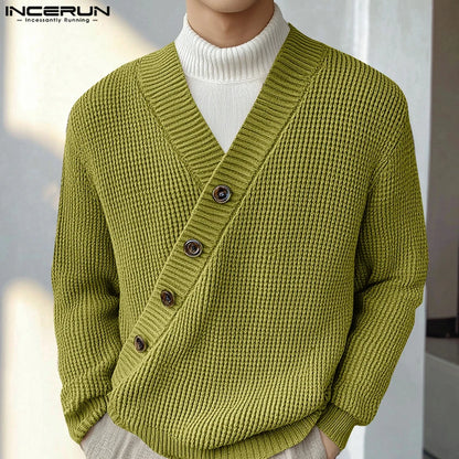 INCERUN Men's Textured Diagonal Knit Sweater – Solid V-Neck Long Sleeve Casual Pullover | S–5XL