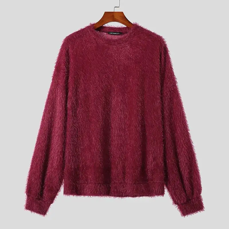 INCERUN Men's Plush Solid Colour Pullover – O-Neck Long Sleeve Casual Streetwear Sweater | S–5XL
