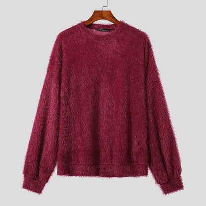 INCERUN Men's Plush Solid Colour Pullover – O-Neck Long Sleeve Casual Streetwear Sweater | S–5XL