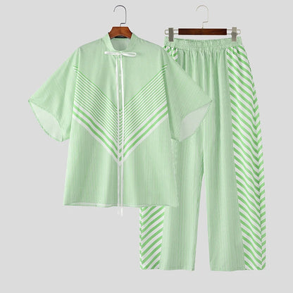 INCERUN Men's Striped Patchwork Set – Lace-Up Shirt & Pants Co-ord | S–5XL