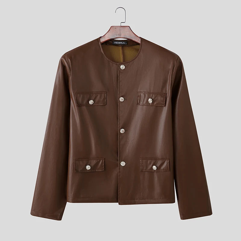 INCERUN Men's PU Leather Solid Colour Jacket – O-Neck Long Sleeve Button Streetwear Coat | S–5XL