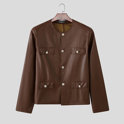INCERUN Men's PU Leather Solid Colour Jacket – O-Neck Long Sleeve Button Streetwear Coat | S–5XL
