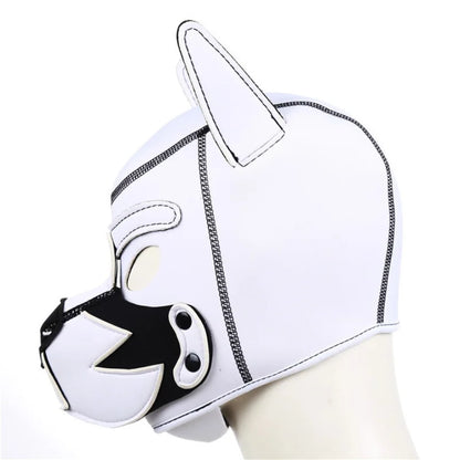 Puppy Play Hood – White & White with Collar | Synthetic Leather