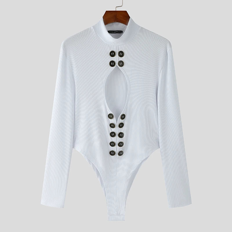 Hollow-Out High Neck Bodysuit – White, Blue & Black | S–5XL | Polyester & Spandex