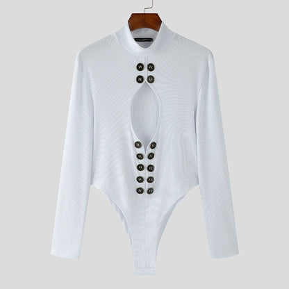 Hollow-Out High Neck Bodysuit – White, Blue & Black | S–5XL | Polyester & Spandex