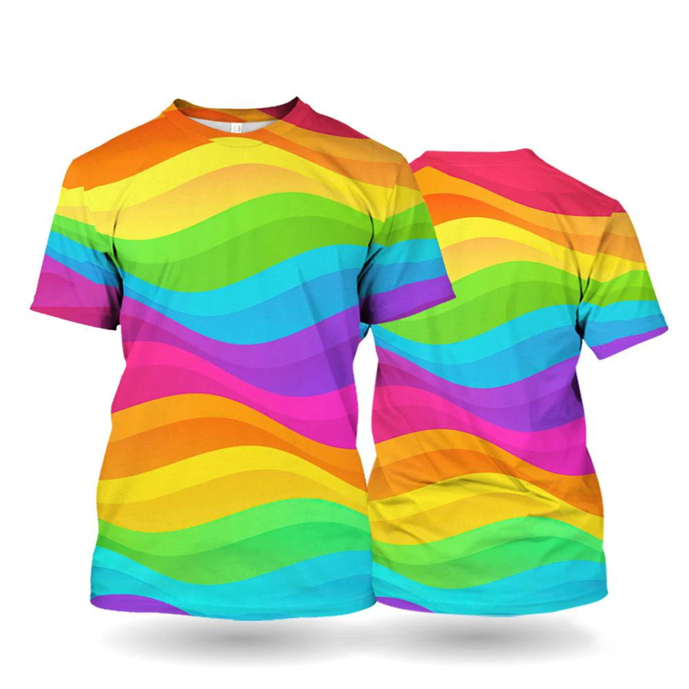Rainbow Stripe 3D Print T-Shirt – Waves | S–5XL | Polyester