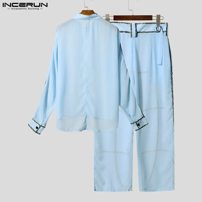 INCERUN Men's See-Through Patchwork Set – Sheer Long Sleeve Shirt & Pants | S–5XL