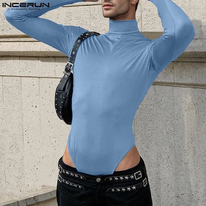 Solid Long Sleeve Bodysuit – Blue & Black | S–3XL | Polyester & Spandex