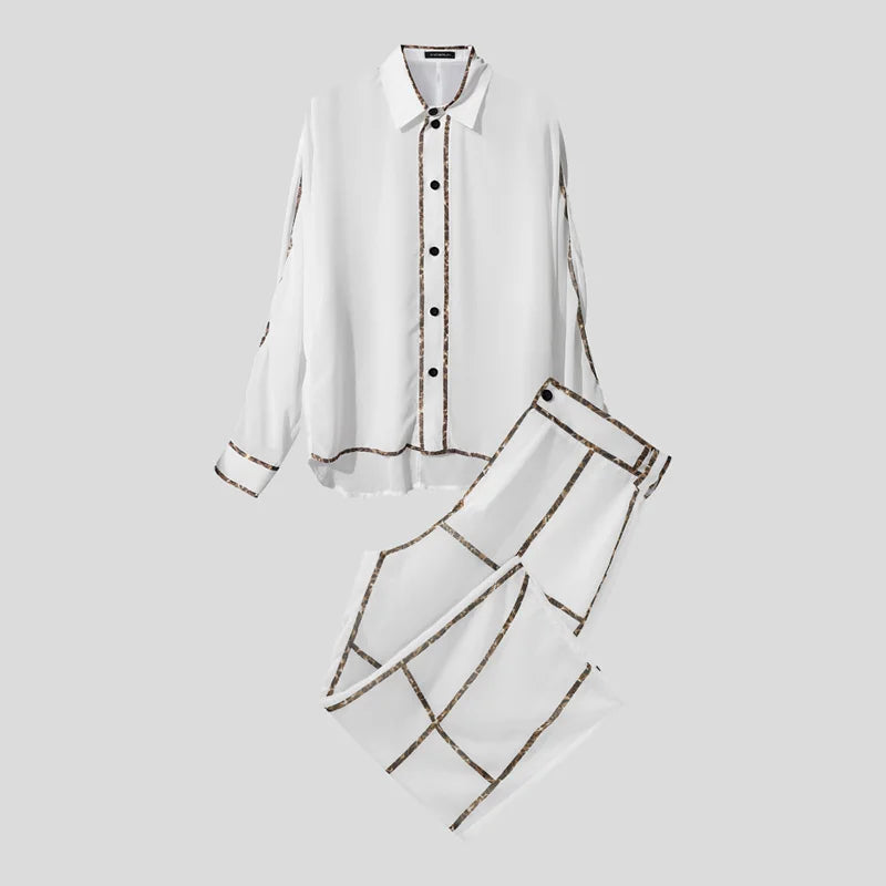 INCERUN Men's See-Through Patchwork Set – Sheer Long Sleeve Shirt & Pants | S–5XL
