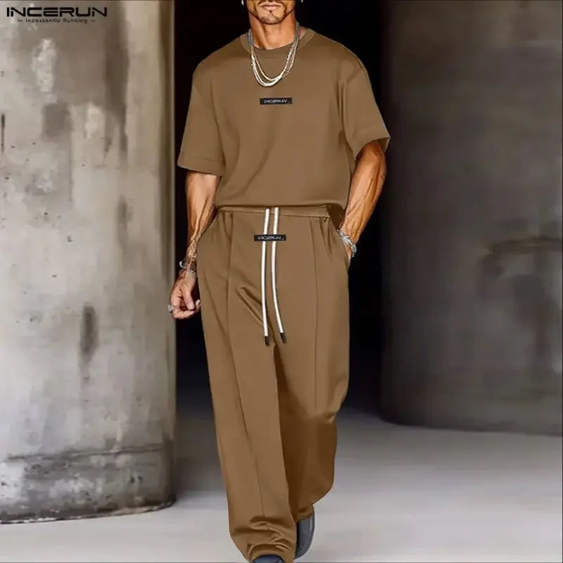 INCERUN Men's T-Shirt & Pants Set – Loose Fit Casual Co-ord | S–5XL