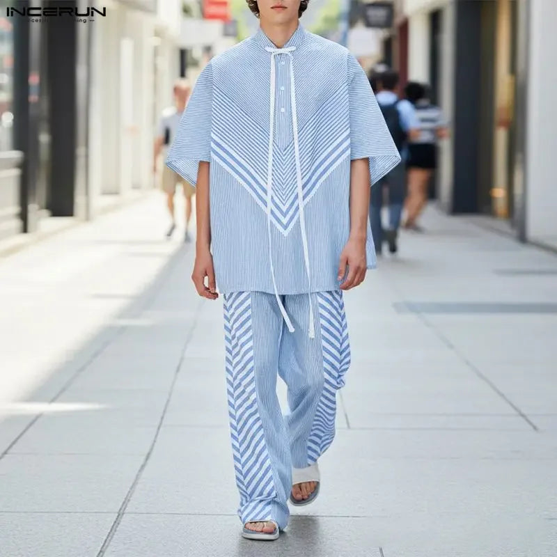 INCERUN Men's Striped Patchwork Set – Lace-Up Shirt & Pants Co-ord | S–5XL