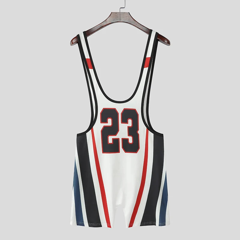 Men's Letter Print Patchwork Bodysuit – Black & White | S–3XL | Polyester & Spandex
