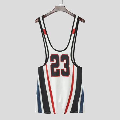 Men's Letter Print Patchwork Bodysuit – Black & White | S–3XL | Polyester & Spandex