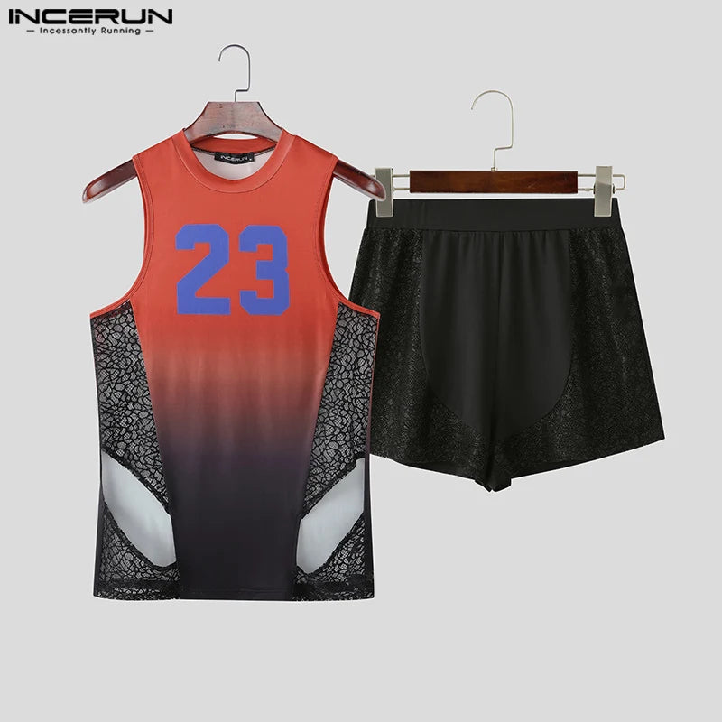 Lace Patchwork Gradient Co-ord Set – Red, Purple & Gray | S–3XL | Polyester & Spandex