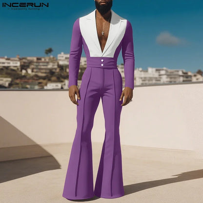 INCERUN Men's Color-Block Patchwork Blazer & Flare Pants Set – Lapel Long Sleeve Co-ord Suit