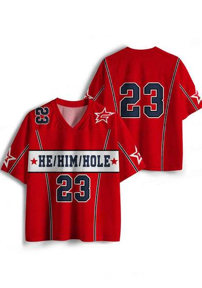 V-Neck Sport Jersey – He/Him/Hole Print | S–6XL | Polyester