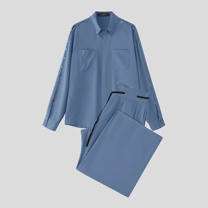 INCERUN Men's Loose Lapel Shirt & Pants Set – Long Sleeve Casual Co-ord | S–5XL