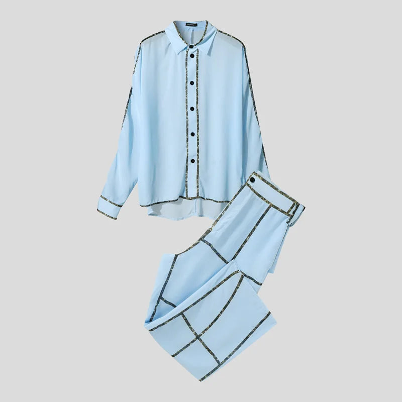 INCERUN Men's See-Through Patchwork Set – Sheer Long Sleeve Shirt & Pants | S–5XL