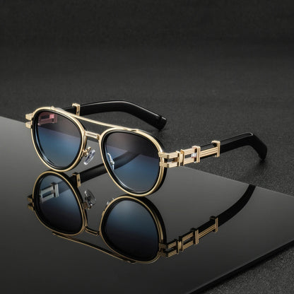 Retro Oval Sunglasses – Gradient Gray, Black, Brown & Blue | One Size | Stainless Steel