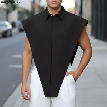 Irregular Split Sleeveless Shirt – Khaki, Blue & Black | S–5XL