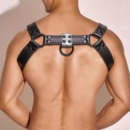 Leather Body Chest Harness – Black & Red | S–2XL | Genuine Leather & Metal