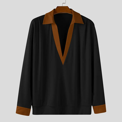 INCERUN Men's Colour-Block Patchwork Sweatshirt – V-Neck Loose Streetwear Pullover | S–5XL