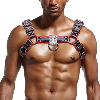 Leather Body Chest Harness – Black & Red | S–2XL | Genuine Leather & Metal